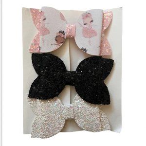 Set of 3 black, white glitter ballerina dancer hair bows faux leather 4 inch